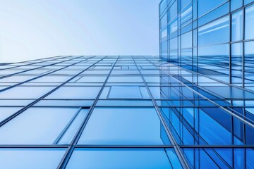 Poster - A tall glass building with a blue sky in the background