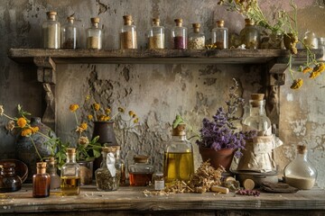 Wall Mural - A wooden table with a beautiful floral arrangement featuring various types of flowers in jars and bottles