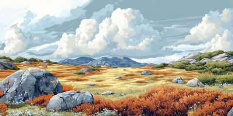 Wall Mural - Tundra landscape with low shrubs, mosses, and exposed rocks under cloudy sky, flat illustration