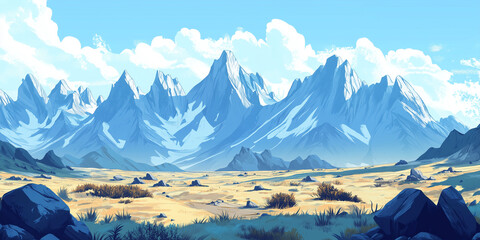 Wall Mural - Jagged mountain peaks rising sharply, surrounded by rocky valley, flat illustration