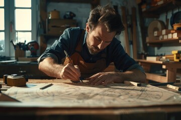 Poster - A person in an apron works on a piece of wood, possibly crafting or repairing