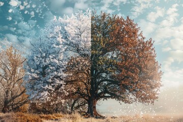 Poster - Two trees stand tall in a green field with a bright blue sky in the background