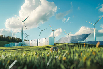 modern battery energy storage system with wind turbines and solar in grass fields