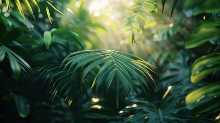 Poster - A dark green leaf in a tropical garden, surrounded by soft sunlight filtering through the foliage.