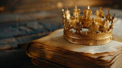 A golden crown resting on an ancient book, symbolizing wisdom and power through history.