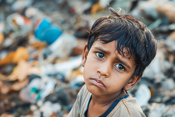 Portrait of indian little boy crying tear on garbage dump