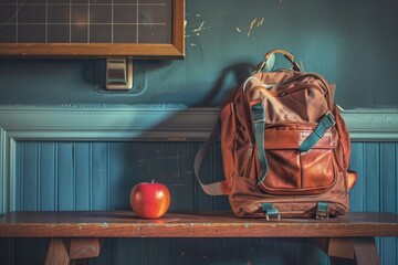 Poster - A brown backpack sits atop a wooden bench
