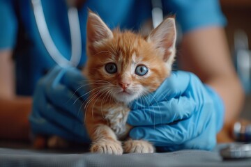 veterinarian examining a kitten. caring and professional manner, gently checking the kitten's health. The kitten  look curious or relaxed. The background clean and simple to focus on the interaction b