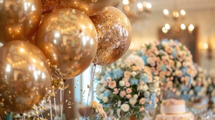 a luxurious birthday party decoration setup with golden balloons, sparkling confetti, and elegant fl