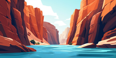 Wall Mural - Landscape scene of a canyon with steep walls and a river flowing at the base, flat illustration