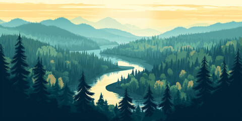 Wall Mural - Panoramic view of a forest with a river winding through, flat illustration