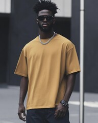 Wall Mural - A stylish man showcases a blank yellow t-shirt with confidence