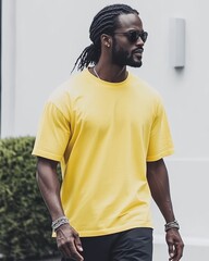 A confident man strolls through a sunny outdoor setting wearing vibrant attire