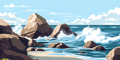 Wall Mural - Rocky shoreline with waves crashing against boulders, lighthouse on farthest point, flat illustration