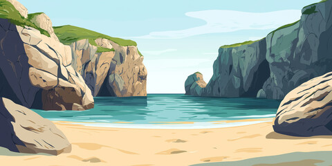 Poster - Sandy cove sheltered by high cliffs, with a calm sea beyond, flat illustration