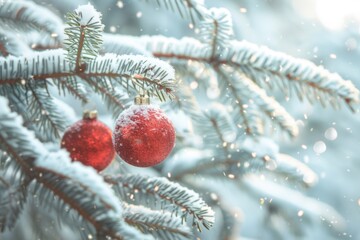 Close-up view of two red ornaments on a Christmas tree, suitable for holiday season or winter theme photos