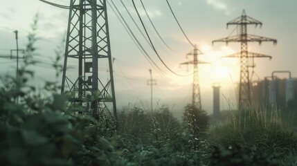 Poster - Sunset scene with power lines in the foreground