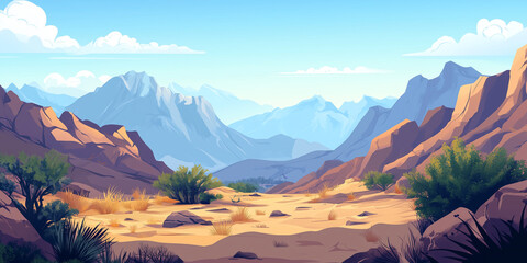 Wall Mural - Wide valley between mountain ranges with rocky slopes and sparse vegetation, flat illustration