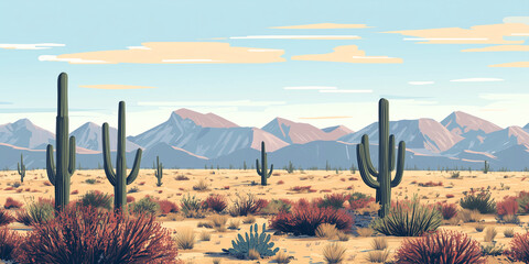 Wall Mural - Depiction of a desert with sparse vegetation, cacti, and sandy dunes stretching into the distance, flat illustration