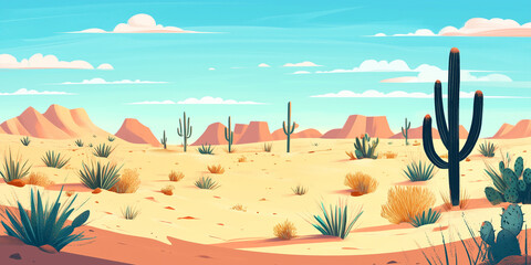 Wall Mural - Depiction of a desert with sparse vegetation, cacti, and sandy dunes stretching into the distance, flat illustration