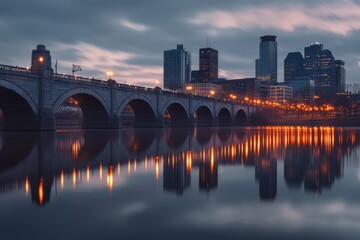 Dusk photography of minneapolis skyline with stone arch bridge over mississippi river