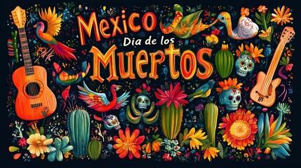 Colorful artwork celebrating Día de los Muertos in Mexico with traditional elements and flowers