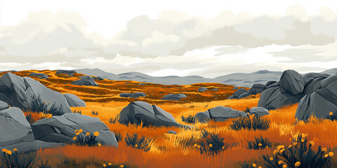 Wall Mural - Tundra landscape with low shrubs, mosses, and exposed rocks under cloudy sky, flat illustration