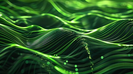 Poster - Abstract green digital data stream with flowing lines and shapes, ideal for tech and data themes.