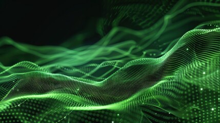 Poster - Abstract green digital data stream with flowing lines and shapes, ideal for tech and data themes.