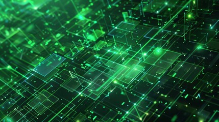 Poster - Abstract green digital patterns with glowing lines and geometric shapes, perfect for tech-themed designs.