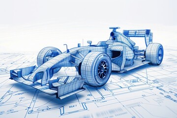 Poster - A blueprint of a race car on top of another blueprint, illustration for design or engineering project