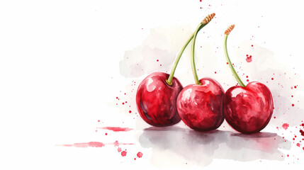 Wall Mural - Three cherries are painted on a white background