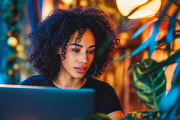 Woman doing high-tech computer work on her laptop with advanced security and identity verification