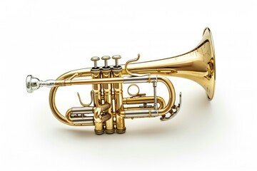 Poster - A golden trumpet placed on a plain white surface, ideal for use in music or inspirational themed projects