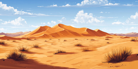 Wall Mural - Desert landscape with dunes extending into the horizon, sparse vegetation, flat illustration