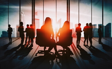 Wall Mural - double exposure image of many business people conference group meeting on city office building in ba
