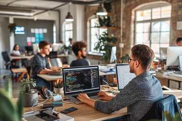 Young software developers discussing code while working in coworking office