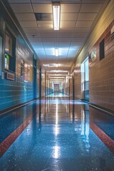 Poster - A long, empty hallway with a clock on the wall