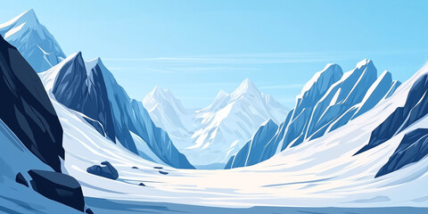 Wall Mural - High mountain pass with steep, rocky slopes and a distant range visible, flat illustration