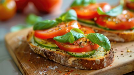 Aufkleber - A wooden cutting board with fresh bread slices on top, ideal for food styling or kitchen scenes