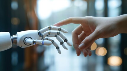 Poster - Close-up of a human hand and a robotic hand reaching out towards each other, symbolizing AI collaboration.