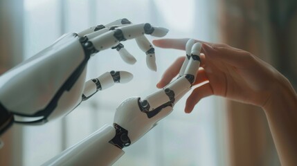 Poster - Close-up of a human hand and a robotic hand reaching out towards each other, symbolizing AI collaboration.