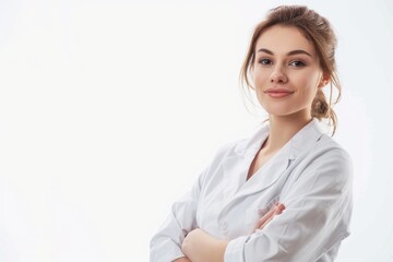 Sticker - A woman wearing a lab coat poses for a photo, with a neutral expression