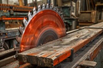 Poster - A saw blade resting on top of a wooden surface, ready for use