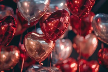 Poster - A bunch of red and silver heart shaped balloons, ideal for parties, celebrations, or romantic events