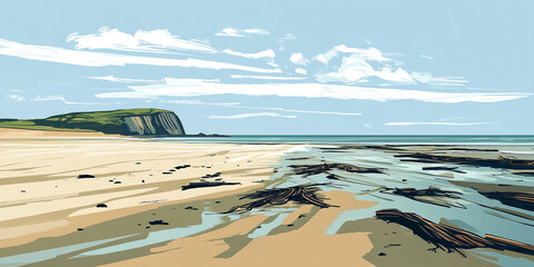 Sticker - Wide beach with scattered driftwood and seaweed, leading to a distant headland, flat illustration