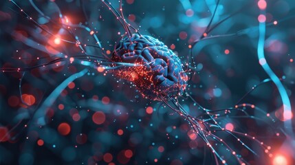 Poster - Conceptual representation of AI with a digital brain and interconnected neural pathways.