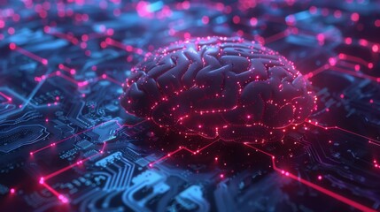 Poster - Conceptual representation of AI with a digital brain and interconnected neural pathways.