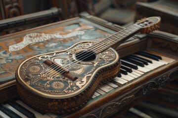 Poster - A guitar sits on top of a piano keyboard, ready to be played