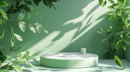 Wall Mural - Minimalist green podium with foliage and sunlight.